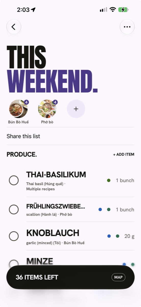 A shopping list titled THIS WEEKEND with German shelf words and a coloured dot per shop likely to carry each item.
