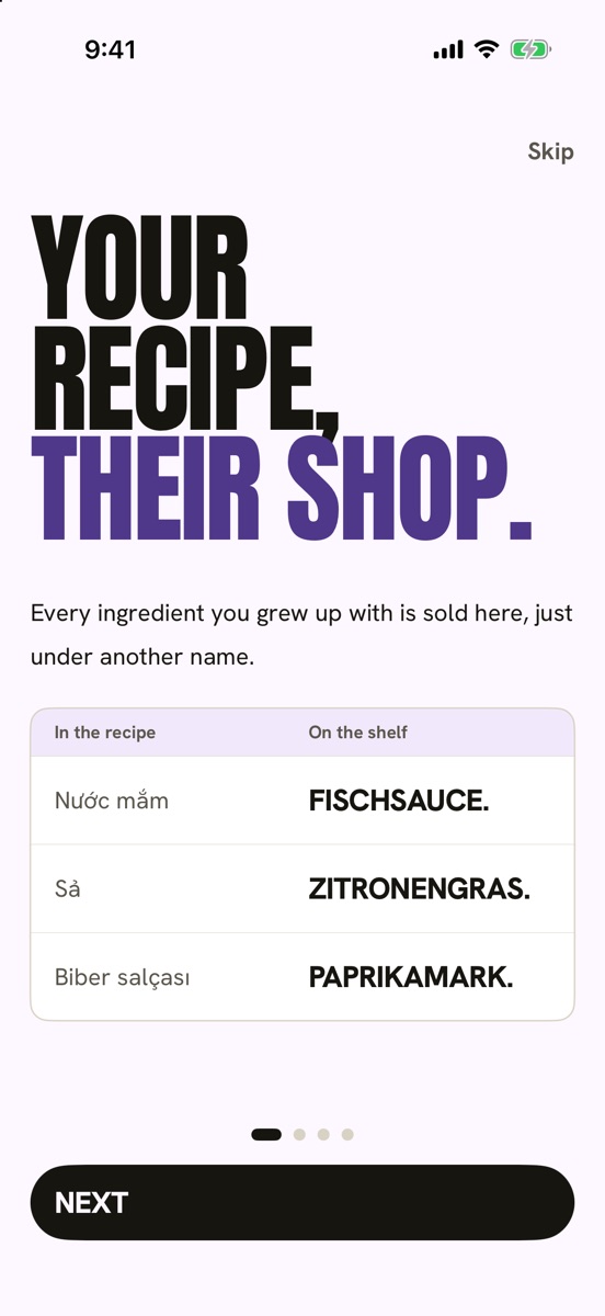 Miseo onboarding screen: YOUR RECIPE, THEIR SHOP. Below it, a table of what the recipe says and what the shelf says: nước mắm is FISCHSAUCE, sả is ZITRONENGRAS.